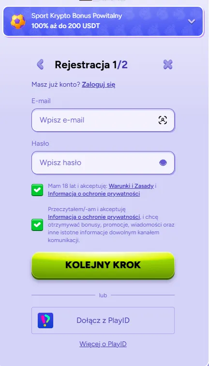 Formularz rejestracyjny w Spinbara Casino Polska
